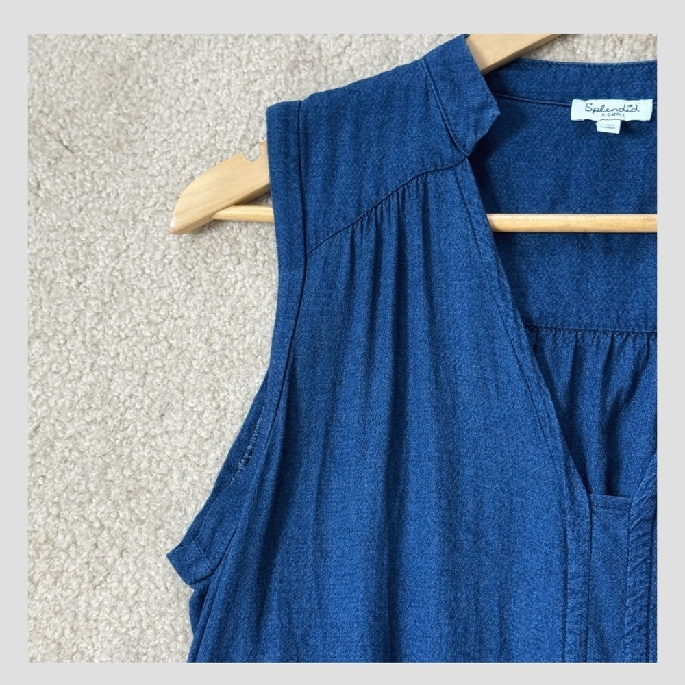Splendid Willow Dress Tie Waist Dress Sleeveless Dark Washed Navy Blue V Neck - Picture 5 of 15